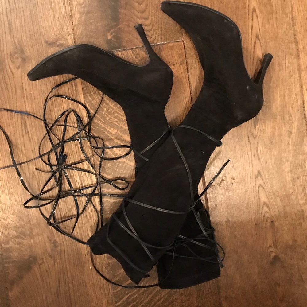 Black suede high heel boots